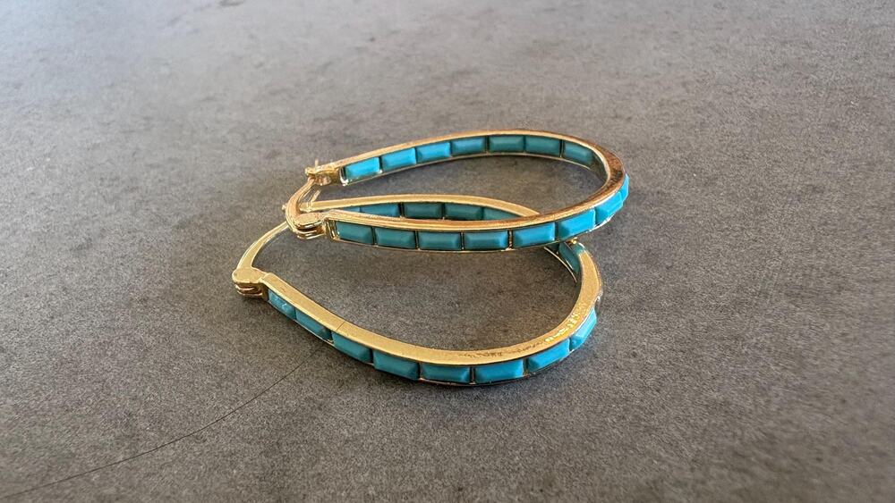 Vintage Gold Tone Turquoise Hoop Earrings Channel Inlay Teardrop Pear Hoops Boho